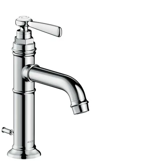 Ein Axor-Waschtischmischer in Chrom mit einem Hebelgriff und einer Zugstangen-Ablaufgarnitur. Der Wasserhahn hat einen geschwungenen Auslauf und einen praktischen Bedienhebel.